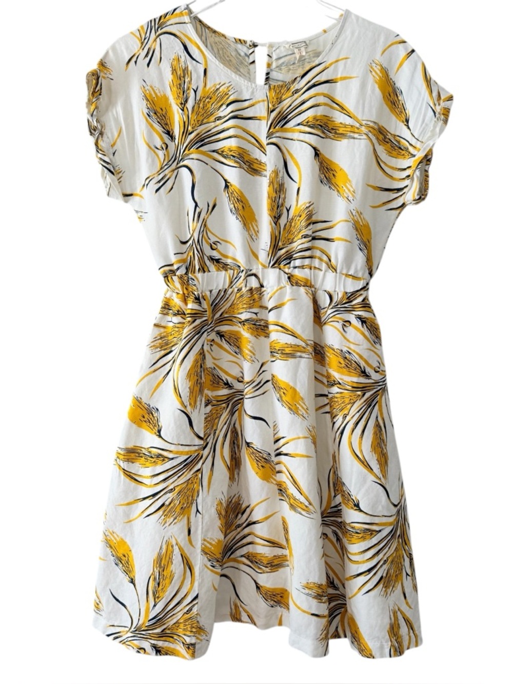 Linen Yellow Wheat Print 2 Pocket Short Dress Size Small